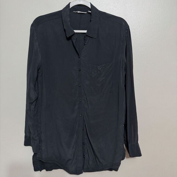 Athleta Washable Silk Black Button Up Shirt Tunic Size Small - Picture 2 of 9